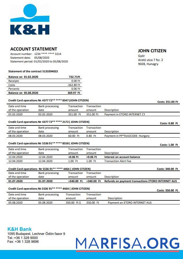 Realistic Hungary K&H bank statement word template